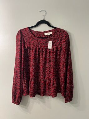 LOFT Red and Black Leopard Print Peplum Blouse